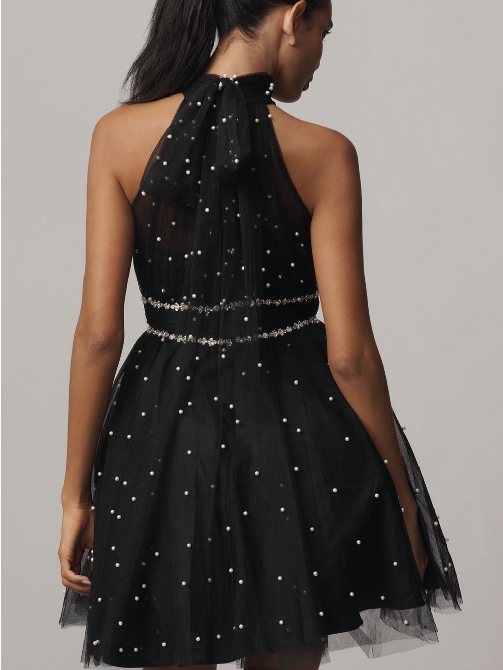 Mac Duggal Black Halter Tulle Mini Dress with Pearl Dot Accents - Picture 4 of 4